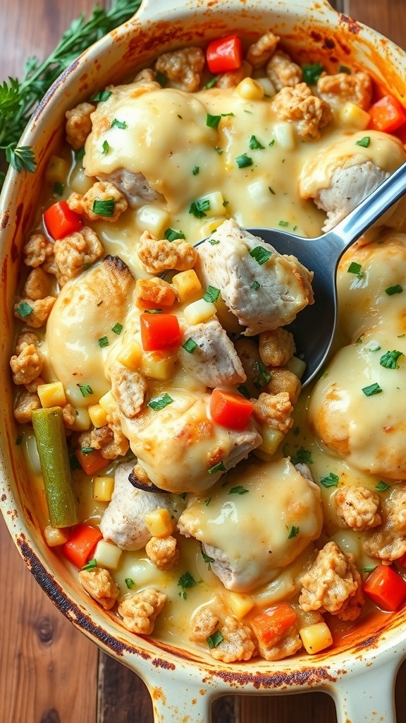 A golden chicken casserole with vegetables and melted cheese, served in a rustic dish.
